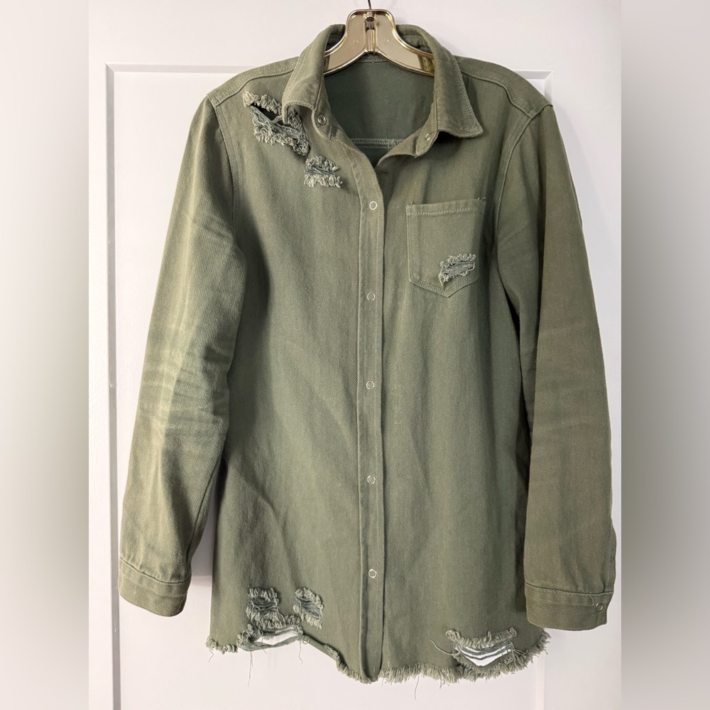 Green Distressed Button Down